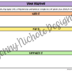 May include: A printable worksheet with a light purple, orange, yellow, and green color scheme. The worksheet is titled "Verse Mapping" and includes the text "open my eyes THAT I MAY BEHIND WONDROUS THINGS OUT OF YOUR LALO (PSALM 19:18)." The worksheet has sections for writing, mapping, and summarizing.