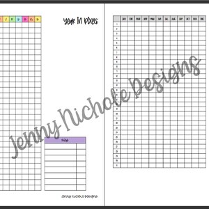May include: A printable planner page with a grid for tracking a year in pixels. The page is divided into two sections, one for tracking the year in days and the other for tracking the year in pixels. The page also includes a key for the pixel tracker.