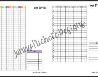 May include: A printable planner page with a grid for tracking a year in pixels. The page is divided into two sections, one for tracking the year in days and the other for tracking the year in pixels. The page also includes a key for the pixel tracker.