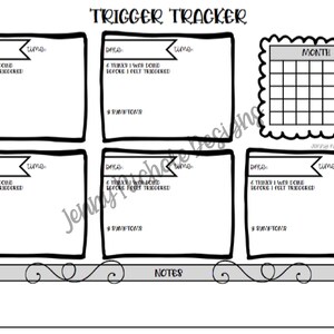 Op de afbeelding: Een zwart-witte printbare triggertracker met een kalender, zes secties om triggers bij te houden en een sectie voor notities. Elke sectie heeft ruimte om de datum, tijd, wat je deed voordat je je getriggerd voelde, en je symptomen vast te leggen.