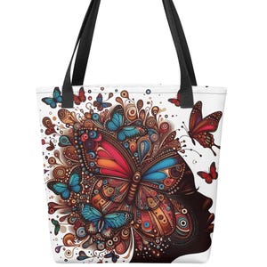 Strahlende Afro Queen Butterfly Tragetasche, lebhafte Schmetterlinge, schwarze Kunst, natürliches Haar, Geschenk für schwarze Frau, AfrocentricTasche, Weekender Tasche