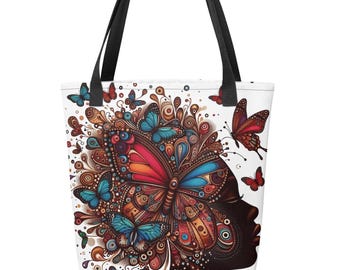 Radiant Afro Queen Butterfly Tote bag,Vibrant Butterflies,Black Woman Art,Natural Hair, Gift for Black woman, AfrocentricTote, Weekender Bag