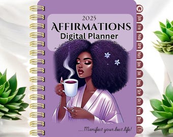 Digital Monthly Affirmation Planner 2025– Dated,Purple, Beginner-Friendly| Goodnotes| Notability |To-Do Lists & Notes|Positive Mindset, Afro