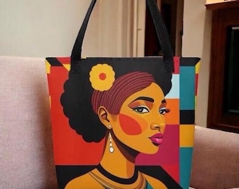 Vibrant Afro Chic Canvas Tote, Ethnic Fashion Bag, Afro Art Tote Bag, Flower Hair Afro, Brown Woman Fashion, Ethnic Print Tote, Afro Latina