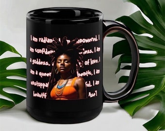 I AM RADIANT Black Glossy Mug, LOC'D, Loc Queen, Coffee Cup, Inspirational Mug