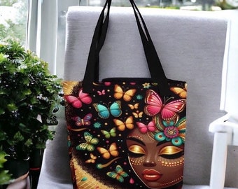 Black Woman Butterfly Sun Goddess Tote bag, Gifts for Black woman, natural hair Afro, Boho Hippie, Butterfly lover gift, weekender tote bag