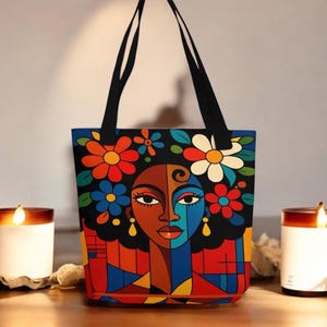 ダイナミック グレース アフロセントリック トートバッグ – 黒人女性のアート、エスニック ショルダーバッグ、アフリカ系アメリカ人のギフト、カラフルなトート、黒人女性の魔法の財布
