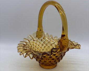 Fenton Amber 7'' Hobnail Vintage Glass Basket Candy Dish Crimped Ruffled Rim