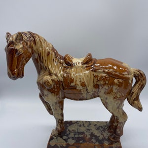 Vintage Pottery or Ceramic Tall Horse Figurine, Horse With Saddle, Drip Glazed Horse, Equestrian Theme, Large Horse