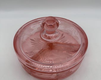 Vintage Pink depression Etched Glass Covered Divided Dish
