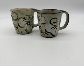 2 Vintage Chatham Pottery USA Coffee Cup Mug Dogwood White Flowers