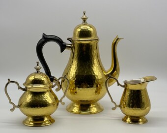 Vintage Hammered Brass 3 Piece Tea Set Teapot,Sugar,Creamer