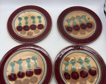LASSER Ceramics Signed Red Tulip set of 4 Dan Lasser Pottery Red Tulip DINNER plates  Hand Made Signed