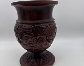 Vintage Wooden Hand Carved Vase Floral Pedestal Footed Base Mahogany