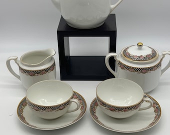 VTG 9 Pcs Noritake Nippon TeaSet Pink Peonies Black And White Checkers Rare