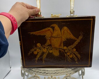 vintage signed Geo Koda wooden box handbag,brown  lacquered and hand-painted