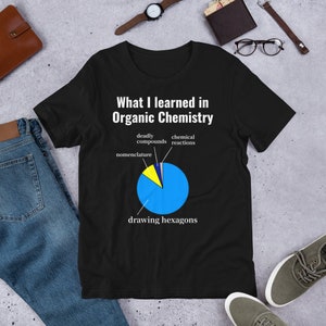 Organische chemie grappige korte mouwen Unisex T-Shirt, geschenken voor pre-med studenten, Wat ik leerde cirkeldiagram, het tekenen van zeshoeken