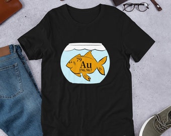 Camiseta unissex de manga curta com trocadilho de química, elementos da tabela periódica, peixinho dourado, piada engraçada de química