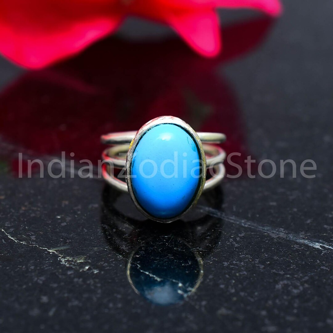 Natural Sleeping Beauty Turquoise Oval Ring, 925 Sterling Silver Triple ...