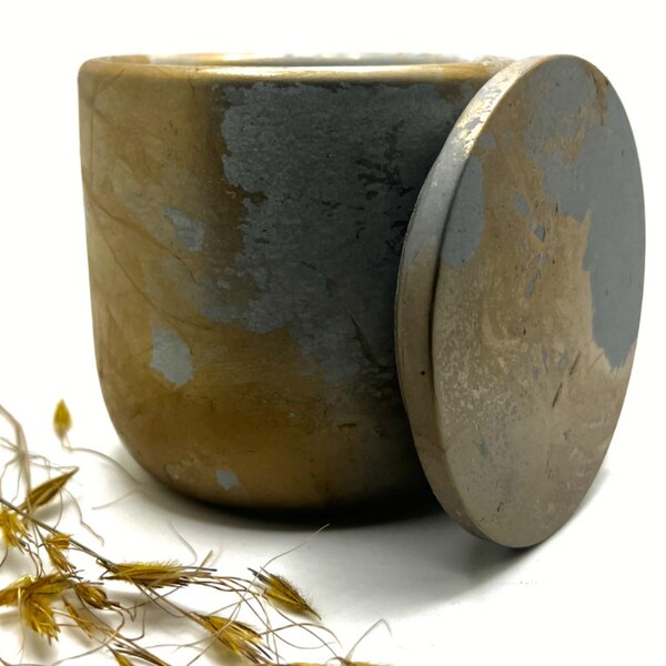 Gold Marble Hand-made Cement Jar | Concrete Candle Vessel With Lid | Planter