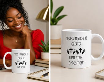 God's Mission mok met citaat uit de Schriften, keramische koffiekop met gebedskruis