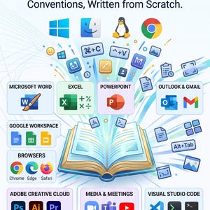 May include: A reference guide titled MASTER THE HOTKEYS: 700+ entries. The graphic features an open book emitting icons for software like Microsoft Word, Excel, PowerPoint, Outlook, Gmail, Google Workspace, Chrome, Edge, Safari, Adobe Creative Cloud, and Visual Studio Code.
