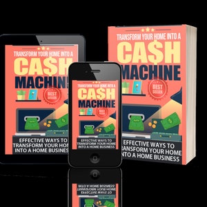 May include: A book cover with a red background and the text "Transform your home into a cash machine" in white. The book cover also features a laptop with a green money bag on the screen and the text "Best Seller" in a red circle.