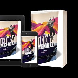 May include: A book cover with a colorful design featuring a person jumping in the air. The book title is "TikTok Marketing: How to Leverage the Fastest Growing Platform for Profits".