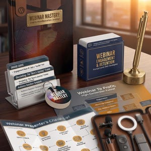 May include: A Webinar Mastery goal and manifestation journal, a box of engagement and retention prompt cards, a gold pen, a set of engage cards, a circular webinar mastery tag, a webinar to profit funnel sheet, and a presenter checklist with tech gear.