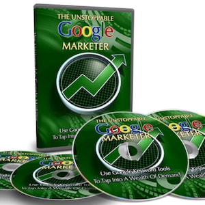 May include: A green DVD case with the text "The Unstoppable Google Marketer" and a green arrow pointing upwards. The case is surrounded by four green DVDs with the same text and arrow. The DVDs are labeled "Use Google Keyword Tools to Tap Into A Wealth of Demand."