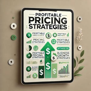 May include: A digital illustration on a tablet screen showing a green arrow pointing upwards with dollar signs and the text "Profitable Pricing Strategies". The illustration includes various charts and graphs with dollar signs and the text "Profitable Pricing Strategies", "Optimized Do", "Business Growth Strategies", and "Business Growth".