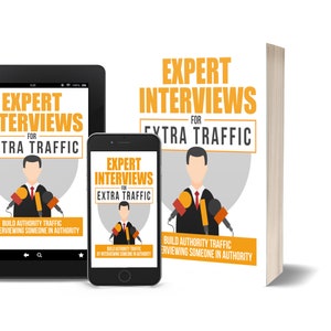 May include: A digital book cover with a cartoon illustration of a person speaking at a podium with microphones. The title of the book is "Expert Interviews for Extra Traffic" and the subtitle is "Build Authority Traffic by Interviewing Someone in Authority".