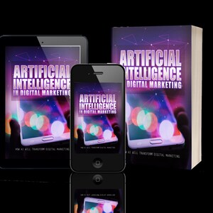 Puede incluir: Una portada de libro con un fondo morado y rosa que presenta un teléfono inteligente con el texto "Inteligencia artificial en marketing digital" en la pantalla. El título del libro es "Inteligencia artificial en marketing digital" y el texto "Cómo la IA transformará el marketing digital" está en la parte inferior de la portada.