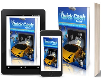 May include: A digital product cover image for an ebook titled "Easy Quick Cash System" with a yellow sports car and dollar bills falling from a safe. The text on the cover reads "Start Earning Cold Hard Cash Online!"