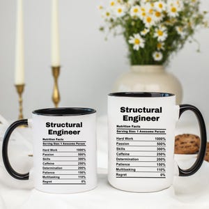 May include: Two white mugs with black rims and handles. The mugs feature a black and white graphic that reads "Structural Engineer" and lists "Nutrition Facts" with a humorous breakdown of the skills needed for the job.