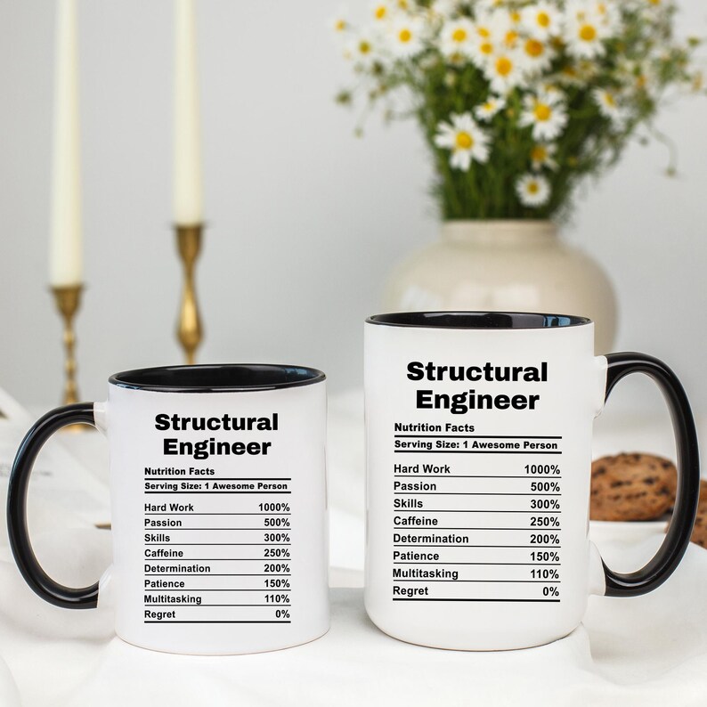 May include: Two white mugs with black rims and handles. The mugs feature a black and white graphic that reads "Structural Engineer" and lists "Nutrition Facts" with a humorous breakdown of the skills needed for the job.