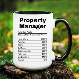 May include: White ceramic mug with a black interior and handle. The mug features the text "Property Manager" above a "Nutrition Facts" label. The label lists percentages for "Hard Work," "Passion," "Skills," "Caffeine," "Determination," "Patience," "Multitasking," and "Regret."