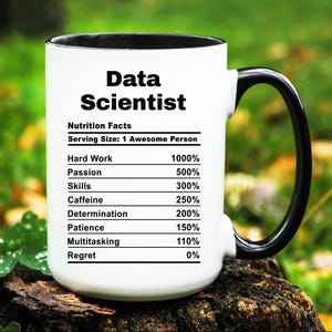 May include: White ceramic mug with a black handle. The mug has a black rim and features a graphic of a nutrition facts label with the title "Data Scientist". The label lists the following percentages: Hard Work 1000%, Passion 500%, Skills 300%, Caffeine 250%, Determination 200%, Patience 150%, Multitasking 110%, Regret 0%.