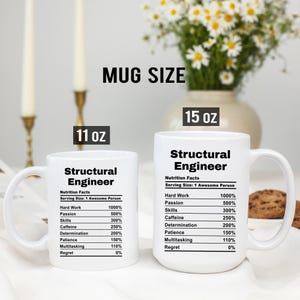 May include: Two white ceramic mugs with black text. The mugs are labelled "Structural Engineer" and list "Nutrition Facts" with percentages for hard work, passion, skills, caffeine, determination, patience, multitasking, and regret. The mugs are 11 oz and 15 oz.