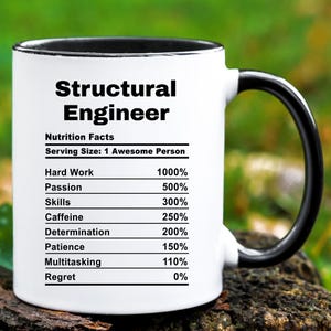 May include: White ceramic mug with a black handle. The mug has a black rim and features a graphic of a nutrition facts label for a "Structural Engineer". The label lists various skills and qualities with percentages, including hard work (1000%), passion (500%), skills (300%), caffeine (250%), determination (200%), patience (150%), multitasking (110%), and regret (0%).