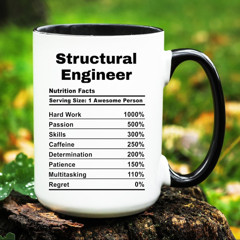 May include: White ceramic mug with a black handle. The mug has a black rim and features a graphic of a nutrition facts label for a "Structural Engineer". The label lists the percentage of "Hard Work", "Passion", "Skills", "Caffeine", "Determination", "Patience", "Multitasking", and "Regret" needed to be a structural engineer.