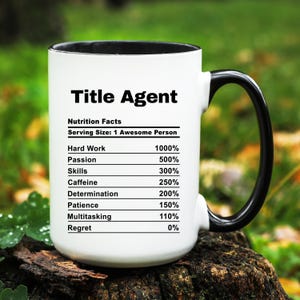 May include: A white ceramic mug with a black interior and handle. The mug features the text "Title Agent" above a "Nutrition Facts" label. The label lists ingredients like "Hard Work" and "Passion" with percentage values.