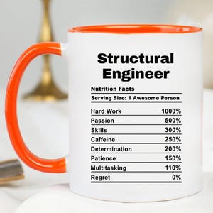 May include: White ceramic mug with an orange rim and handle. The mug features a black graphic that reads "Structural Engineer" and lists "Nutrition Facts" with a serving size of "1 Awesome Person". The graphic lists percentages for hard work, passion, skills, caffeine, determination, patience, multitasking, and regret.