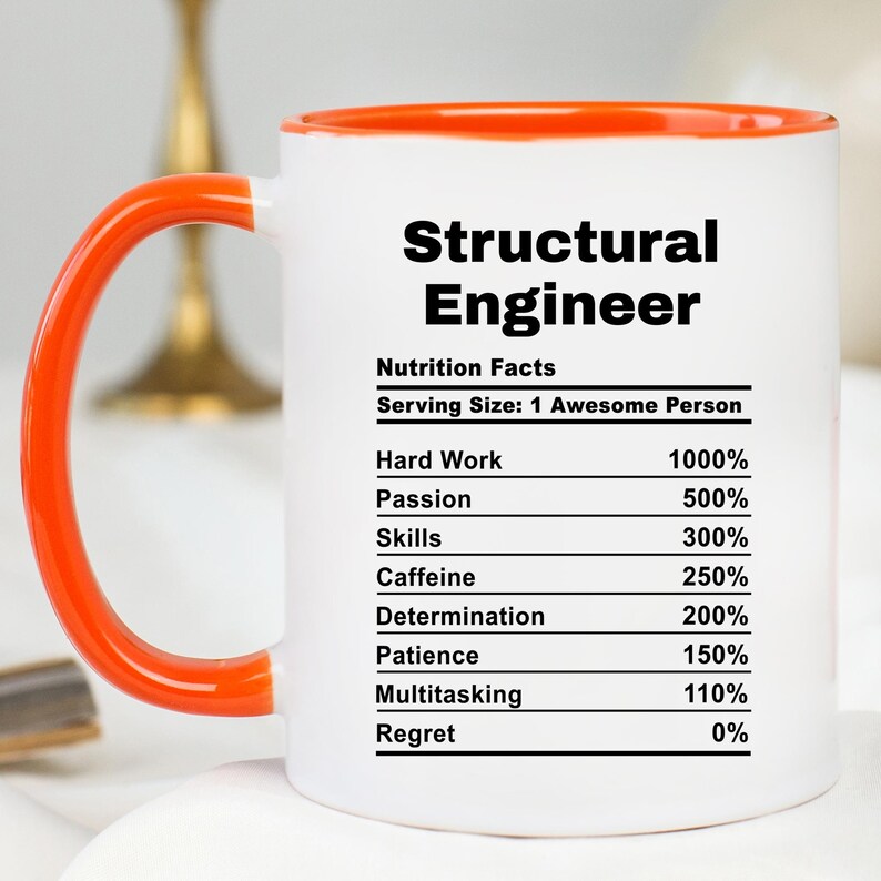 May include: White ceramic mug with an orange rim and handle. The mug features a black graphic that reads "Structural Engineer" and lists "Nutrition Facts" with a serving size of "1 Awesome Person". The graphic lists percentages for hard work, passion, skills, caffeine, determination, patience, multitasking, and regret.
