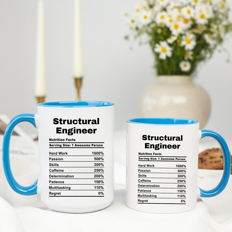 May include: Two white ceramic mugs with blue rims. The mugs feature a black and white graphic that reads "Structural Engineer" with a list of "Nutrition Facts" including "Hard Work 1000%", "Passion 500%", "Skills 300%", "Caffeine 250%", "Determination 200%", "Patience 150%", "Multitasking 110%", and "Regret 0%".