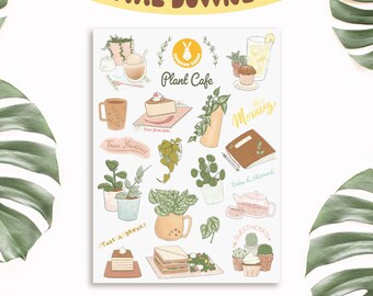 Descarga digital / Pegatinas imprimibles / Hoja de pegatinas de Plant Cafe Café Té Postre Pastelería Plantas de interior Diario Cuidado personal Acogedor Dibujado a mano