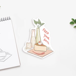 Plant Cafe Cheesecake Sticker, Feed Your Soul Dessert Die Cut Sticker, Houseplant Indoor Plants Self Care Waterproof Bottle Laptop Decal