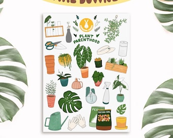 Digital Download | Printable Stickers | Plant Parenthood Sticker Sheet Houseplant Leaves Gardening Horticulture Supplies Cozy Hand Drawn