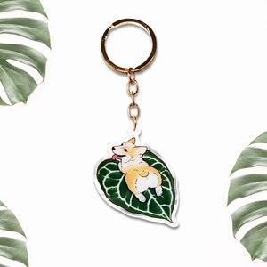 Acrylic Keychain - Cute Corgi Puppy on Velvet Anthurium Leaf - Dog on Plant Clear Gold Keychain