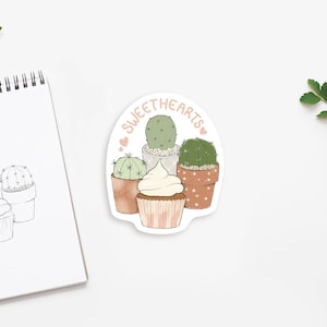 Pegatina de cupcake de Plant Cafe, pegatina de corte de troquelado de macetas de cactus Sweethearts, calcomanía de la botella de agua impermeable de la planta de interior de la planta de interior